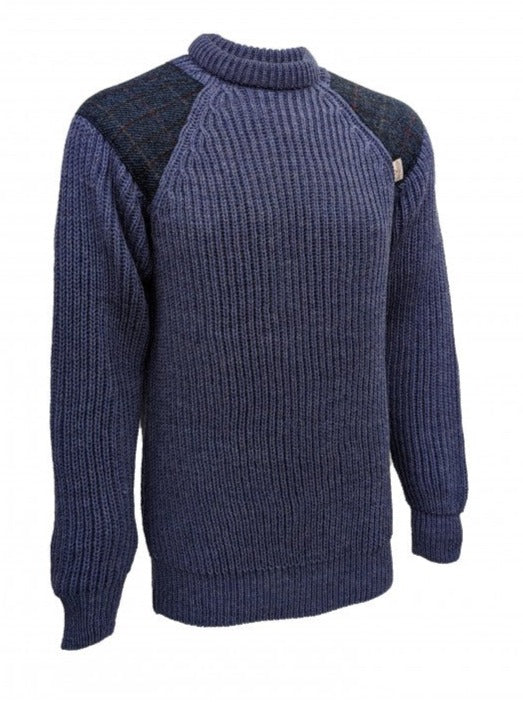 Gamekeeper Chunky Crew Neck Sweater with Harris Tweed Patches