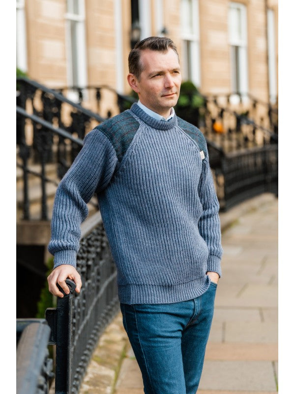 Gamekeeper Chunky Crew Neck Sweater with Harris Tweed Patches