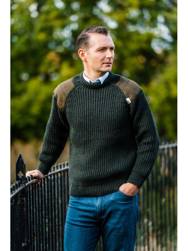Gamekeeper Chunky Crew Neck Sweater with Harris Tweed Patches