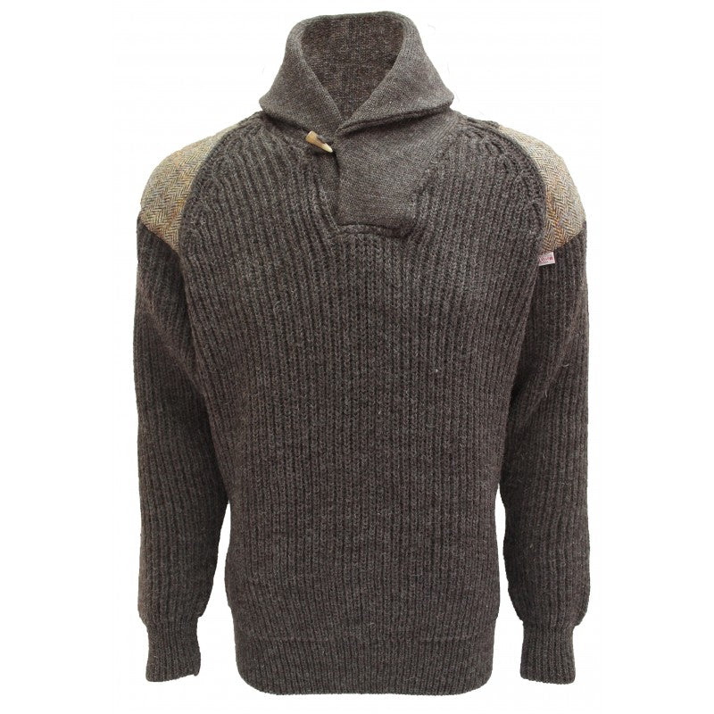 Byreman Chunky Knit Shawl Collar Sweater - Harris Tweed Patches