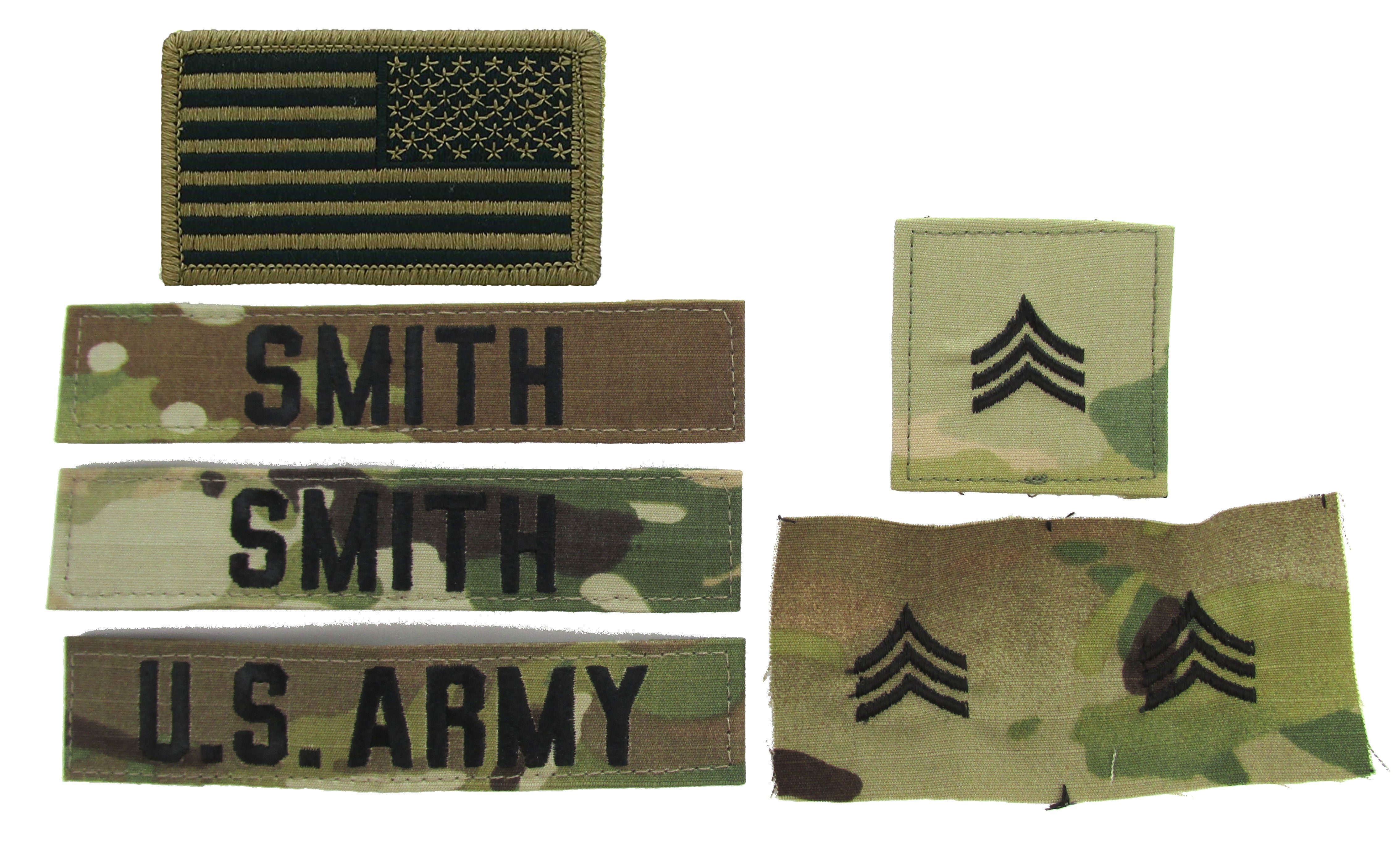 4 Piece Custom Army Name Tape & Rank Set OCP Flag w/ Hook Fastener Backing  - 3-Color OCP