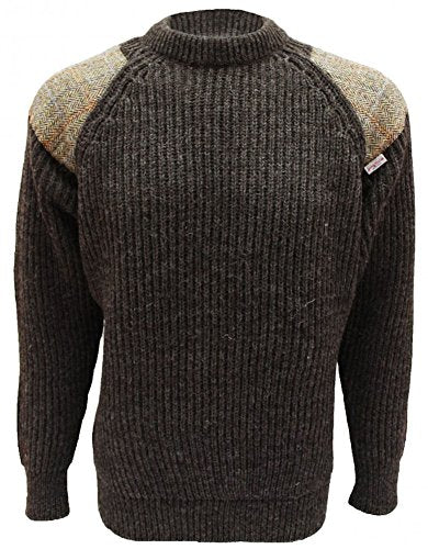 Gamekeeper Chunky Crew Neck Sweater with Harris Tweed Patches