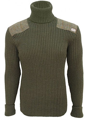 Roll Neck Woolly Pully Sweater with Harris Tweed Patches - Olive Drab