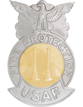 USAF Captain Fire Badge - Metal CHROME/GOLD Two Bugle Parallel