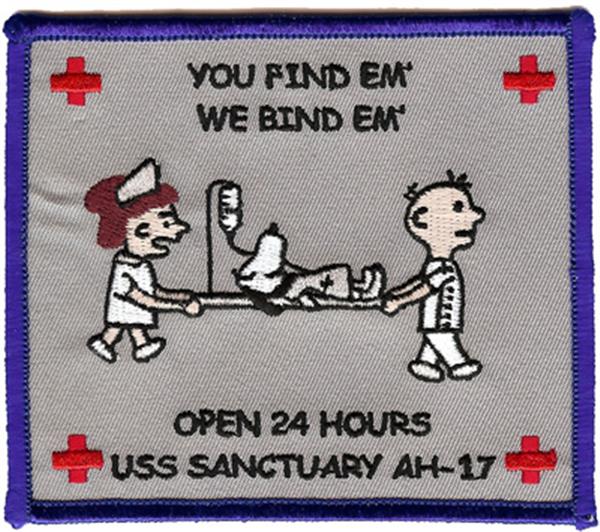 USS SANCTUARY AH-17 "YOU FIND EM', WE BIND EM'" USMC Patch