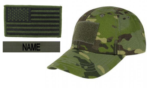 Tactical Cap Package with U.S. Flag Patch and Personalized Name Tape - Various Colors