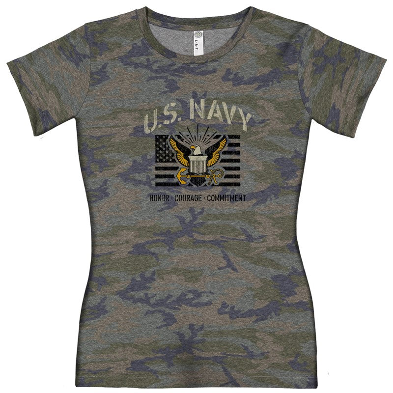 Joe Blow Navy Ladies Vintage Camo Stencil T-Shirt