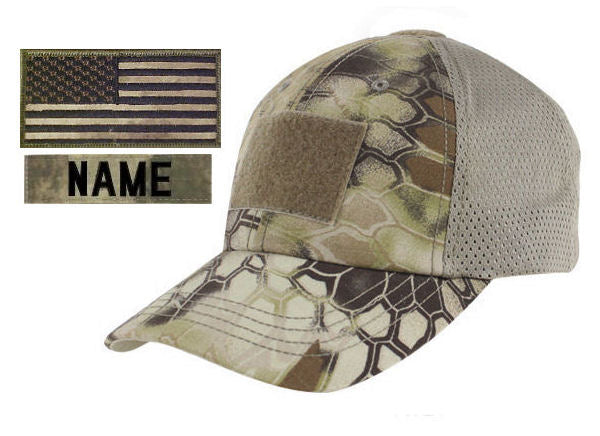 MESH Tactical Cap Package with U.S. Flag Patch and Personalized Name Tape - Various Colors
