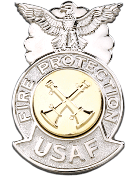 USAF Station Chief Fire Badge Metal CHROME/GOLD Crossed Bugles