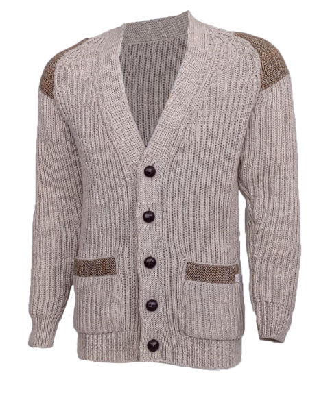 Laird Chunky Knit Cardigan Patch Pockets - Harris Tweed Patches