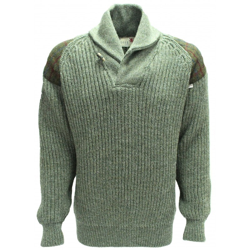 Byreman Chunky Knit Shawl Collar Sweater - Harris Tweed Patches