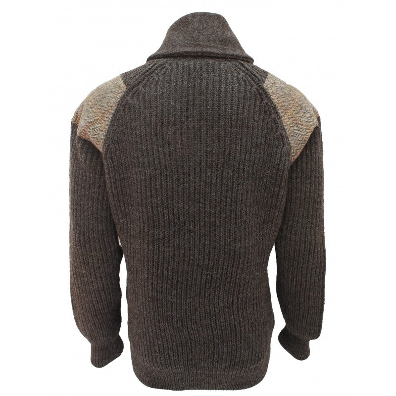 Byreman Chunky Knit Shawl Collar Sweater - Harris Tweed Patches