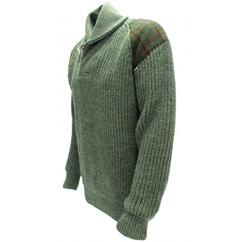 Byreman Chunky Knit Shawl Collar Sweater - Harris Tweed Patches