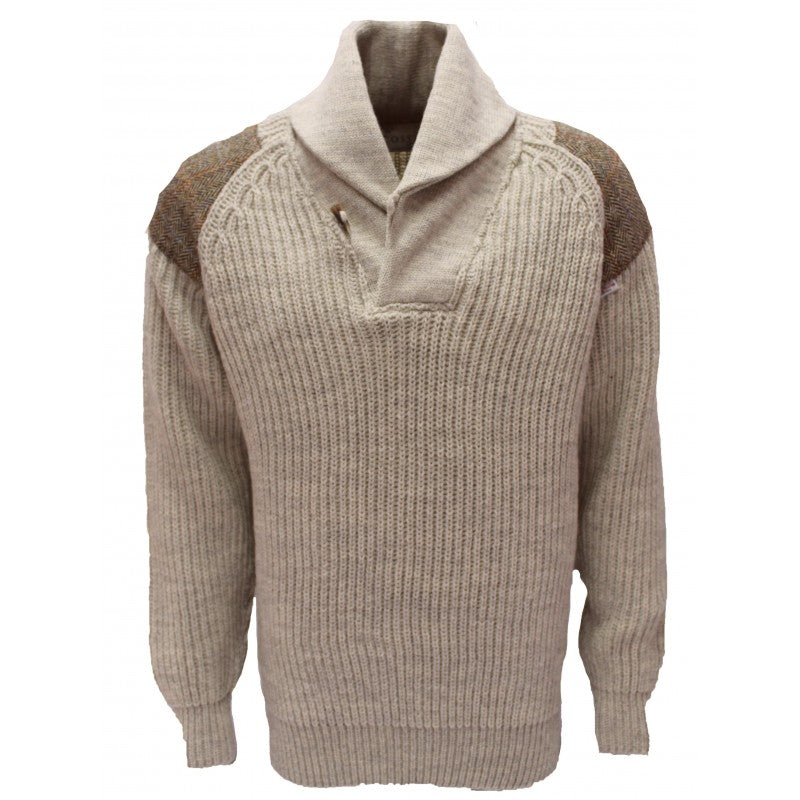 Byreman Chunky Knit Shawl Collar Sweater - Harris Tweed Patches