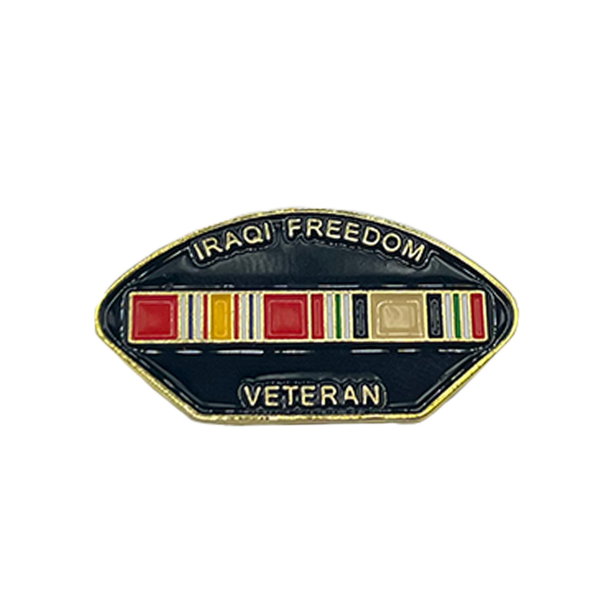 black with golden outline metal pin saying Iraqi Freedom Veteran