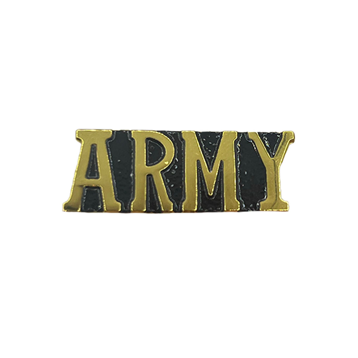 army spelled out in gold and black metal pin