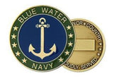 Blue Water Navy Challenge Coin, navy anchor surrounded by blue gold and green