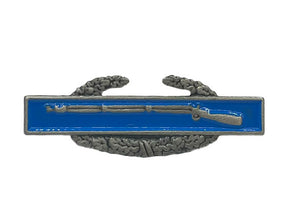 metal combat infantry badge pin, blue back with silver rifle