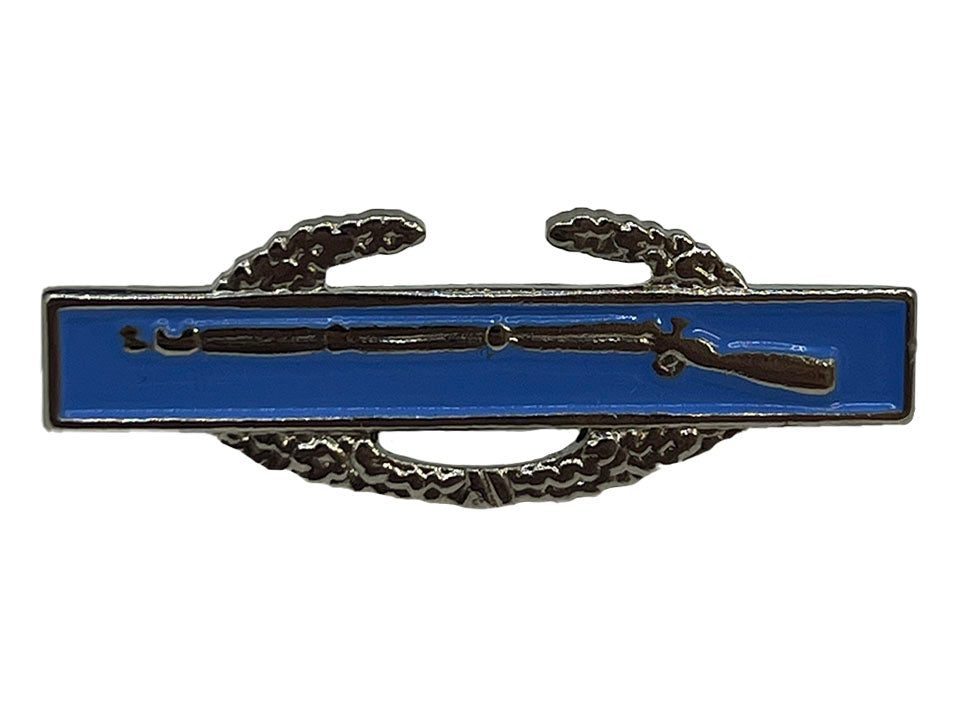 metal combat infantry badge pin, blue back with silver rifle