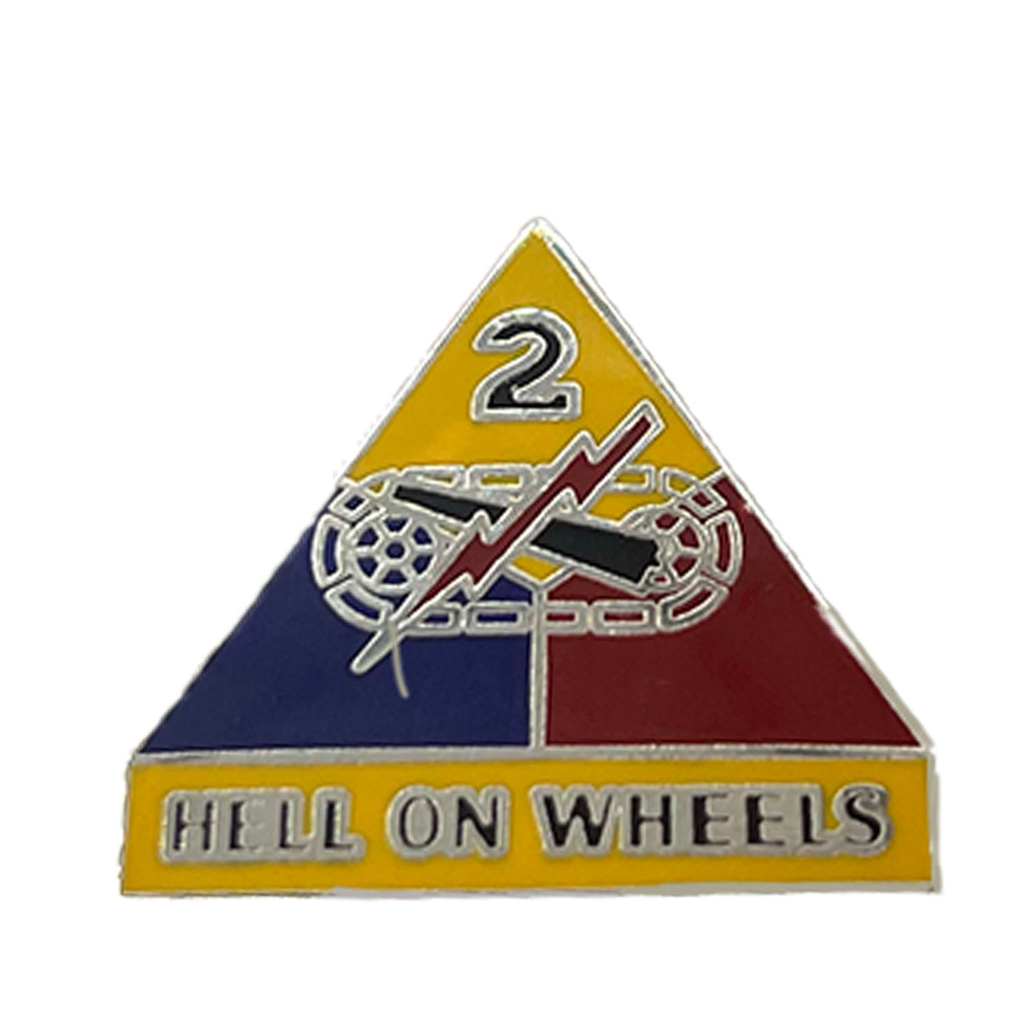 2nd Armored Division red, blue and yellow metal pin. Hell on Wheels.