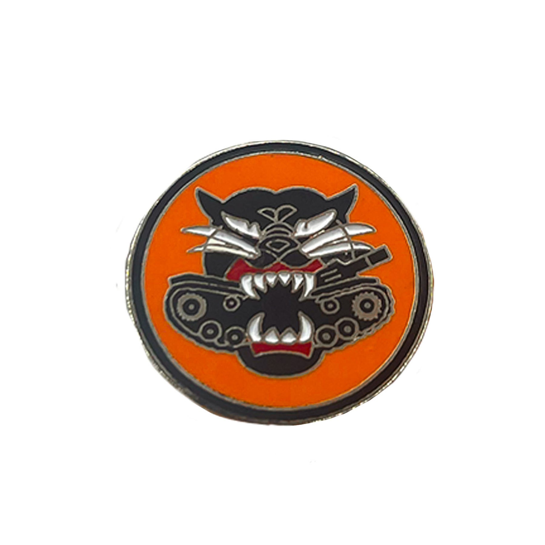 Tank Destroyer Circular Metal Pin. Orange, Red and Black