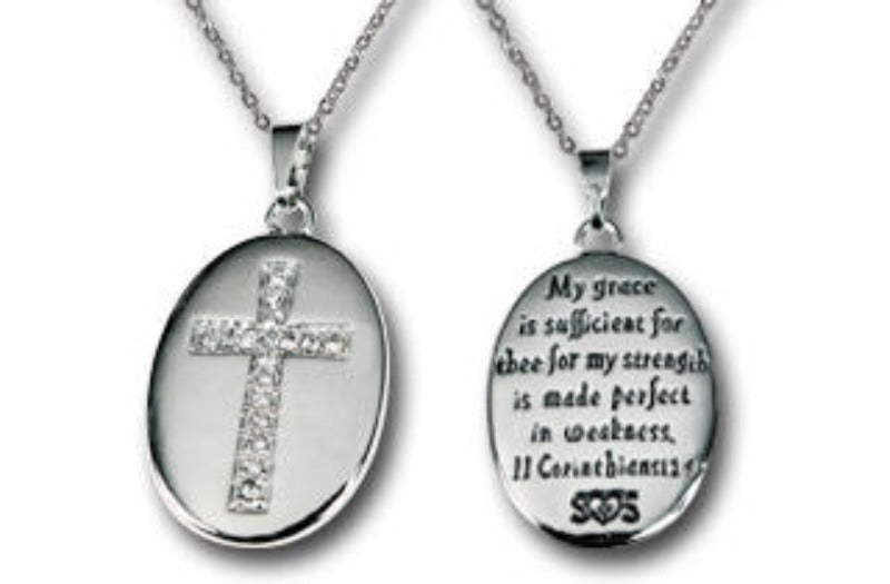 Women's Oval Cross Necklace - II Corinthians 12:9