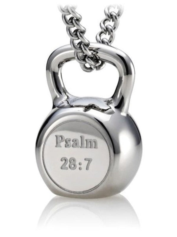 Stainless Steel Men's Kettle Bell Necklace - Psalm 28:7