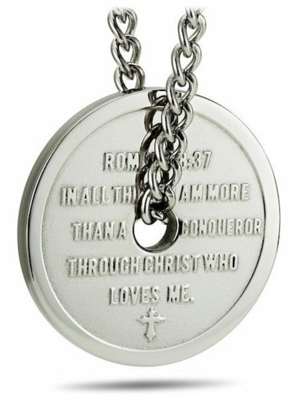 Stainless Steel Men's Weight Plate Necklace - Romans 8:37