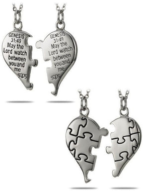 Stainless Steel Puzzle Piece Split Heart Necklace - Genesis 31:49