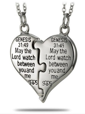 Stainless Steel Puzzle Piece Split Heart Necklace - Genesis 31:49