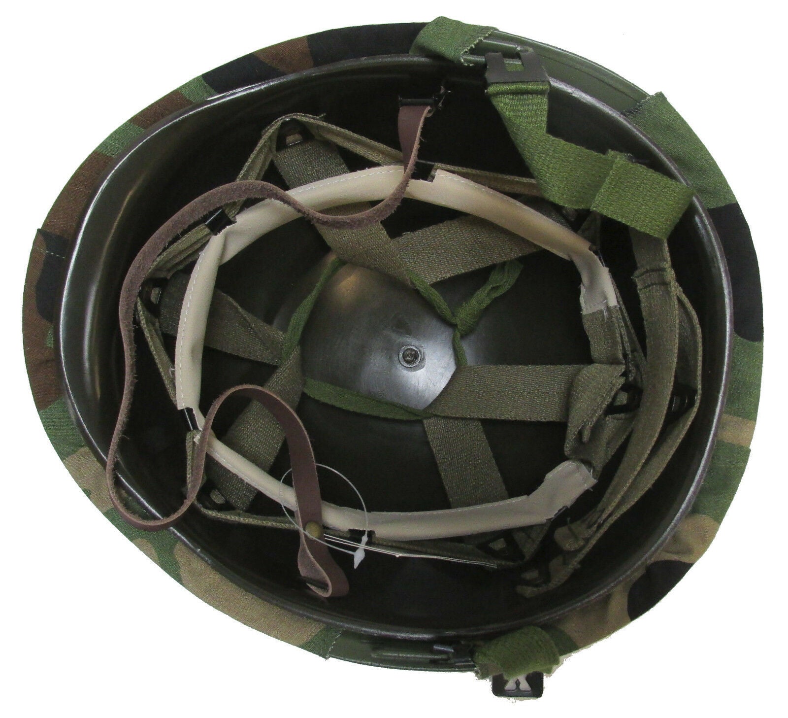 Reproduction U.S. M1 Helmet with Woodland Camo Cover and Band