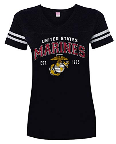 Ladies Marine Corps Vintage Logo V-Neck T-Shirt - Black