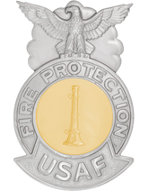 USAF Engineer Fire Badge - Metal CHROME/GOLD Seal One Bugle