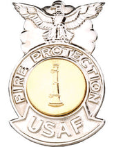 USAF Engineer Fire Badge Metal Insignia - CHROME/GOLD Seal One Bugle
