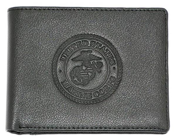 U.S.M.C. Marine Corps Bi-Fold Leather Wallet - BLACK