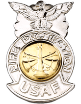 USAF Asst. Chief Fire Badge - Metal CHROME/GOLD Three Bugles